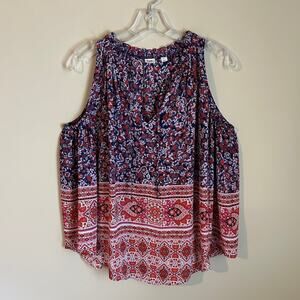 GAP Navy/Orange/Pink/Purple Floral Sleeveless Flowy V-Neck Blouse Size Medium